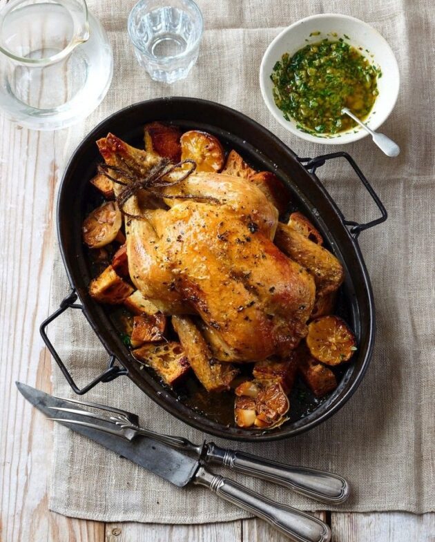 Lemon Roasted Chicken with Croutons — Bim Bim Cooks